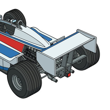 Isometric Rear View Vector Illustration of a Vintage Formula 1 Racing Car Featuring Large Rear Wing Wide Slick Tires Detailed Engine Components and Aerodynamic Bodywork in Red White and Blue