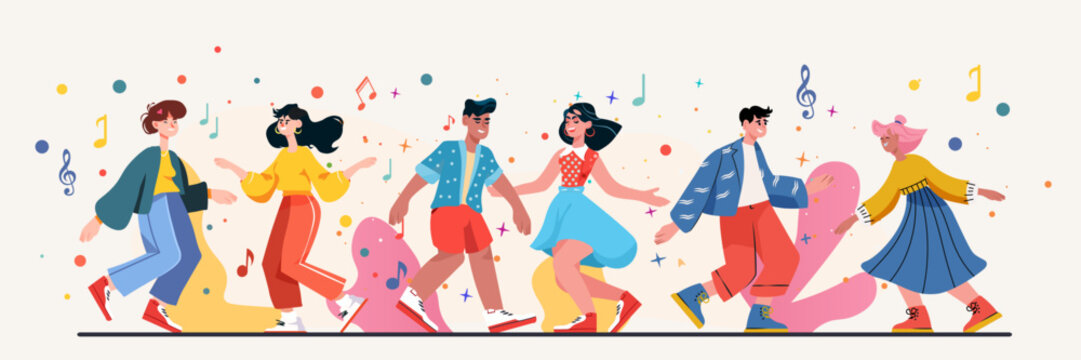 Group of young people dancing summer music celebration colorful outfits confetti musical notes abstract shapes flat banner design