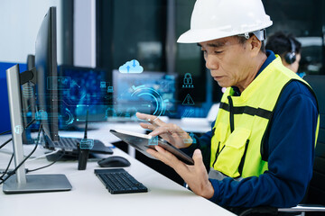 Asian engineer in a safety vest and headset analyzing clean energy HUDs and robotic automation...