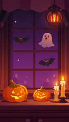 ハロウィンの窓辺に並ぶかぼちゃとおばけのイラスト © 963k