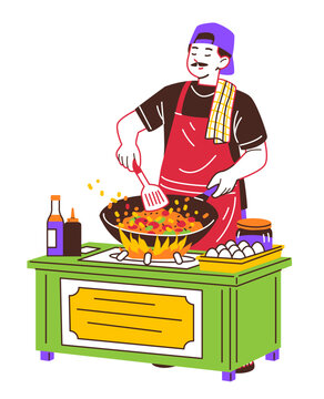 Indonesian street food vendor cooking nasi goreng at outdoor food stall with eggs sauces and wok fire modern colorful style