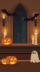 ハロウィンの窓辺に並ぶかぼちゃとおばけのイラスト © 963k