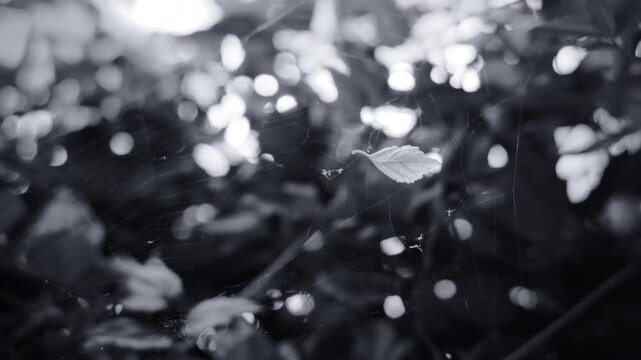 Monochrome film still. A delicate white leaf is caught in a web, suspended in mid-air against a dark, bokeh background of a forest. Fine grain texture.
