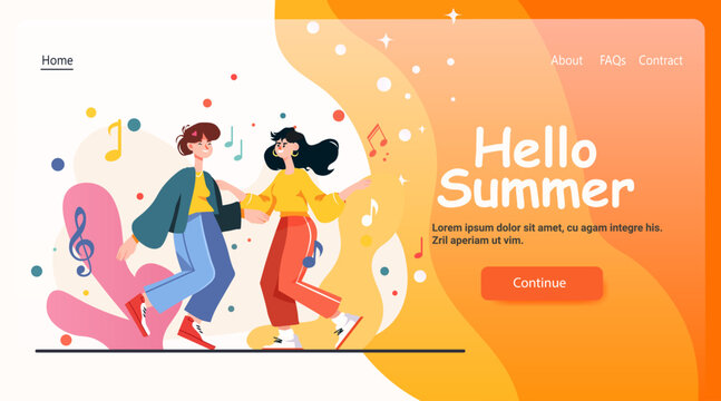 Hello summer dancing couple colorful abstract background music notes playful modern website landing page