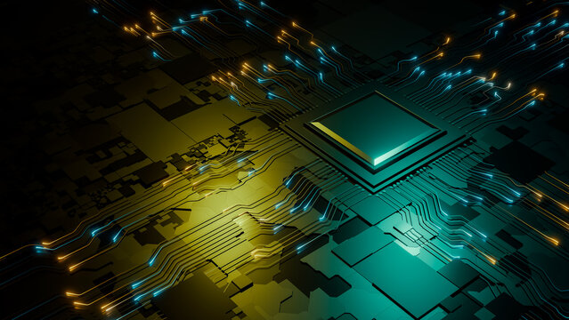 Microchip on abstract circuit board with glowing digital lines
