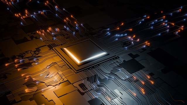 Microchip with glowing circuit paths