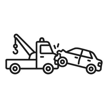 Tow truck towing a damaged car vector line icon