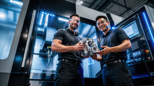 Engineers presenting machined metal part in modern industrial facility, showcasing precision manufacturing.