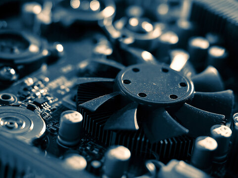 Close-up of a computer component with a fan and various circuits, suggesting technology and innovation