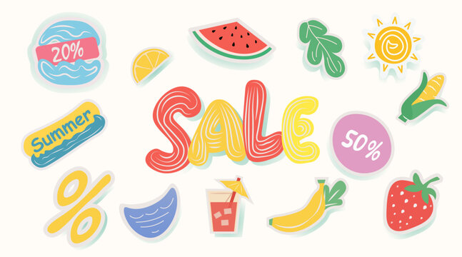 Sale summer discount colorful doodle fruits sun leaves juice watermelon strawberry corn banana lemon playful stickers banner