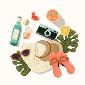 Summer beach accessories hat sunglasses flip flops camera drink bottle citrus shells tropical leaves flat lay vacation essentials vibrant colors
