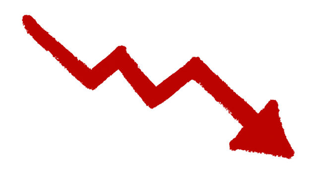 Red jagged downward trending arrow, isolated on transparent background