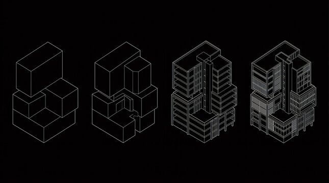 Isometric Architectural Diagrams of Building Massing Development Process, Wireframe Progress Concept, Black Background