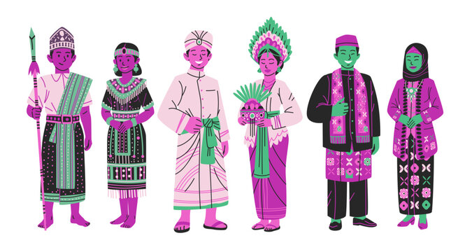 Indonesian traditional clothing diverse ethnic groups cultural heritage people in colorful ceremonial dress standing together on white background
