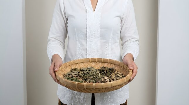 Balinese woman in white lace kebaya holding a bamboo basket with dried medicinal herbs, showcasing modern wellness and traditional Indonesian lifestyle.