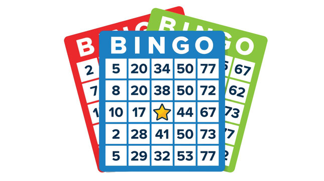 Colorful bingo cards featuring bold numbers and a central gold star icon displayed in a vibrant flat design graphic style