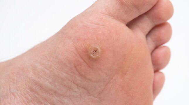 Macro View of Plantar Wart Verruca Vulgaris with Black Dots on Foot Sole