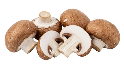Group of whole and halved brown cremini mushrooms, isolated on transparent background © iPNGi