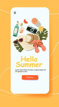 Hello summer beach accessories hat sunglasses flip flops drink camera seashells tropical leaf mobile app screen orange background