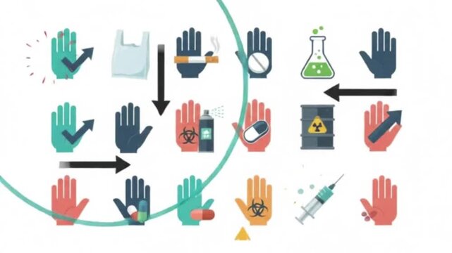 Animated set of stop hand icons refusing cigarettes, chemical spray, and pills with colorful directional arrows, concept of saying no to smoking, drugs, and harmful substances