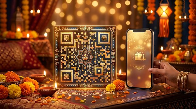 Festive Golden Qr Code Panel with Smartphone in Dim Hindu Decor