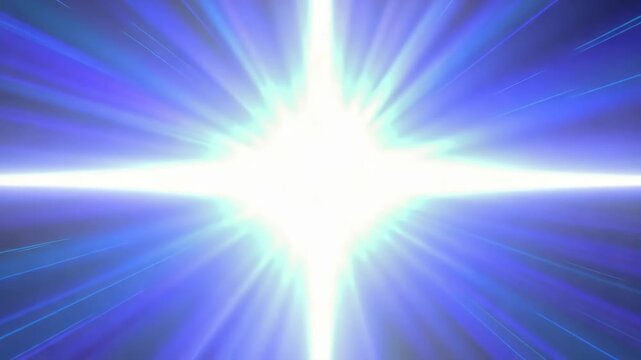 Bright light beams radiate outward in a dynamic burst of blue and purple colors, creating an energetic visual effect against a dark background