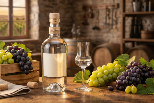 Bottle of grappa with grapes and glass on a rustic wooden table  