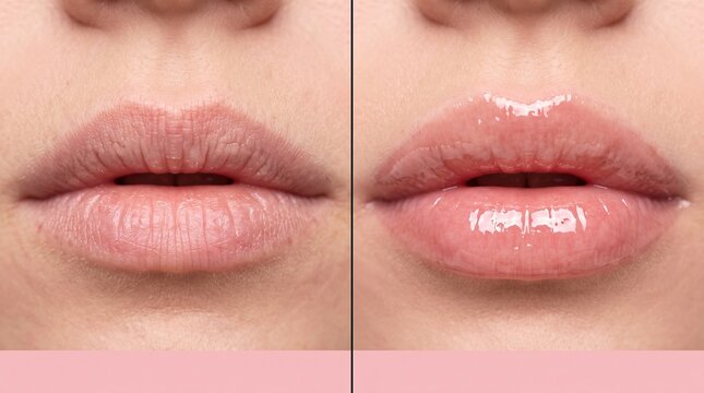 Split Screen Comparison of Chapped Dry Lips and Plump Hydrated Lip Gloss