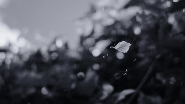Monochrome film still. A delicate white leaf is caught in a web, suspended in mid-air against a dark, bokeh background of a forest. Fine grain texture.