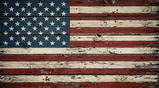 A vintage distressed american flag displays iconic red and white stripes alongside a field of faded blue stars on a timeworn surface