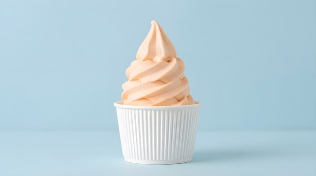 A beautifully styled pastel peach soft serve ice cream cone is presented against a soft calming light blue background in a studio