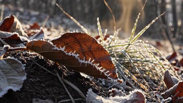 Fallen bronze autumn leaf resting on dark forest soil, its curved edge lined with slender frost crystals while backlit grass glitters nearby, creating an intimate ground level study of early cold