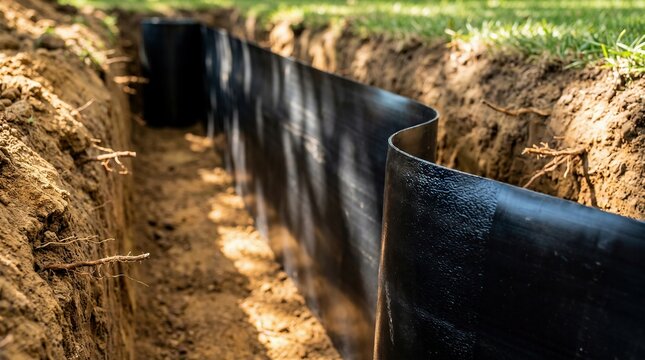 Black root barrier installed in garden trench for plant and weed control, landscape design element.