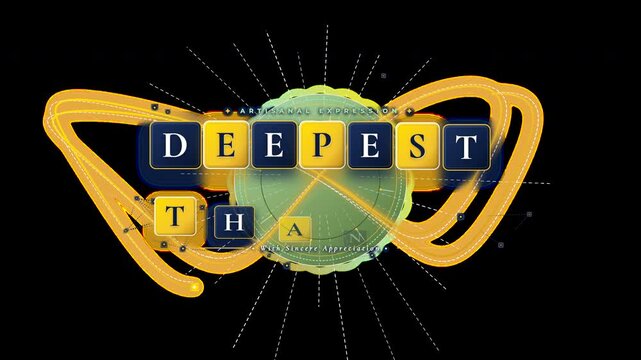 This design features the words Deepest Thanks arranged in colorful letters. The background is gray with a decorative pattern and flowing lines, creating an artistic effect