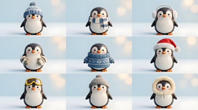 Cute cartoon penguins in winter clothing set
