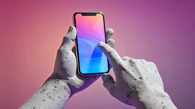Mottled gray hands holding smartphone with multicolor gradient screen on orange pink purple background