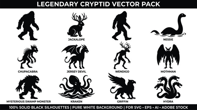 Legendary cryptid vector pack featuring black silhouettes of mythical monsters and creatures