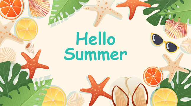 Hello summer tropical beach elements starfish citrus leaves seashells sunglasses flip flops frame on light background seasonal holiday banner