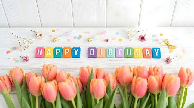 A bright and cheerful happy birthday banner is displayed with a lovely bouquet of delicate pink tulips in a soft pastel colored