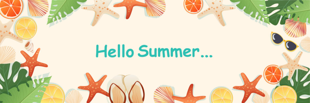 Hello summer tropical beach background starfish citrus leaves seashells sunglasses border pastel colors horizontal banner