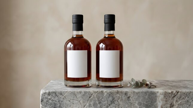 Two beautiful amber glass bottles with clean white blank labels are presented on a cool textured marble surface with a simple neutral