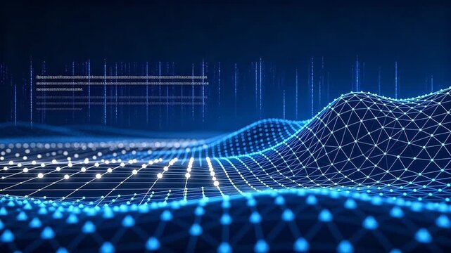 Abstract blue digital grid surface with nodes and data visualization on dark background