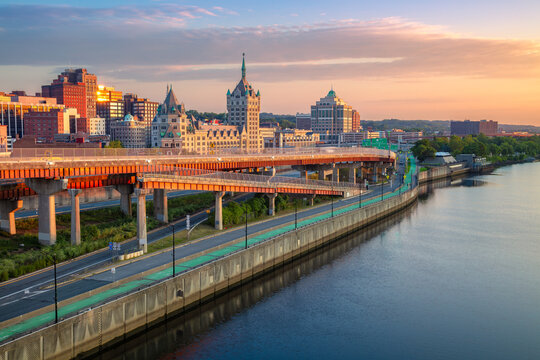 Albany, New York, USA. Aerial cityscape image of Albany, New York at beautiful summer sunrise.
