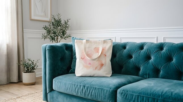 A beautifully styled elegant teal velvet tufted sofa is paired with a simple canvas tote bag in a minimalist interior design setting