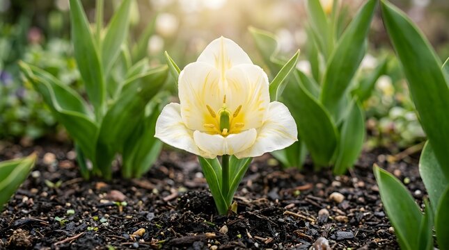 A pristine white tulip gently unfolds its petals within a lush garden environment bathed in soft natural light and a tranquil mood
