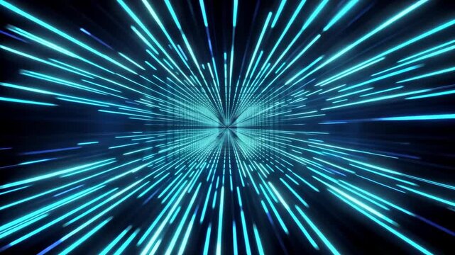Blue light beams radiate outward in a dynamic pattern, creating a sense of depth and motion in a futuristic digital environment with a grid-like background