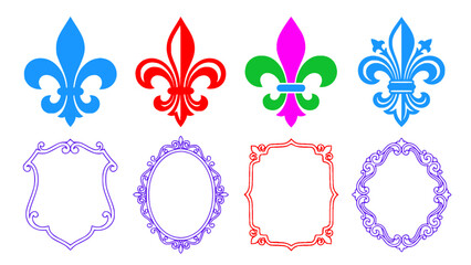 Fleur-de-lis symbols, ornamental badges, and decorative frame collection. © Andika
