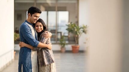 Obraz premium Happy Young Couple Embracing Outdoors at Modern Home Terrace