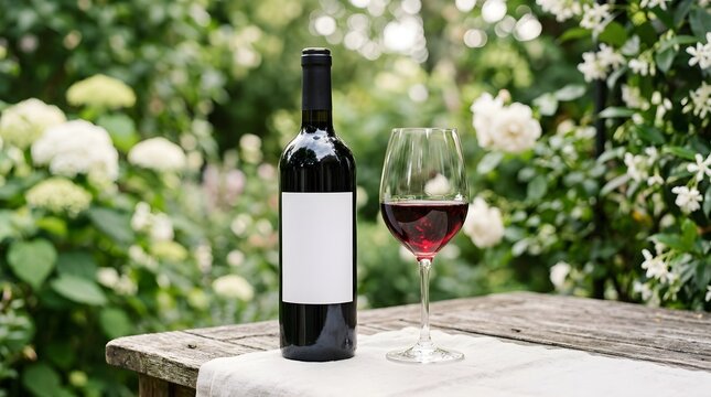 A sophisticated wine bottle and filled glass rest outdoors with a softly blurred backdrop of vibrant green leaves and creamy white blossoms