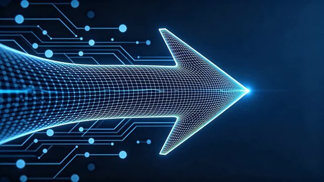 3D blue grid arrow on dark blue background with glowing circuit nodes